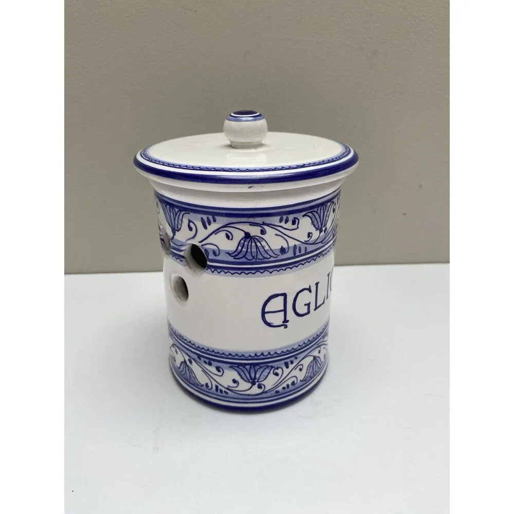 Italian Pottery Ceramic Garlic Keeper Lidded Cannister Jar BLUE & WHITE Italy
